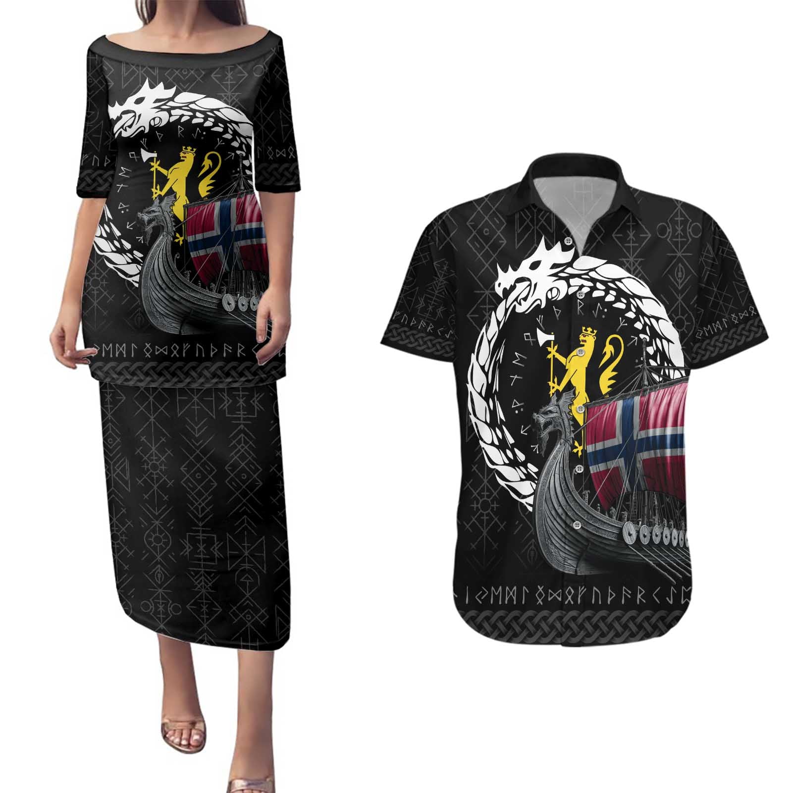 Norway Viking Drakkar Couples Matching Puletasi and Hawaiian Shirt Viking Blood - Wonder Print Shop