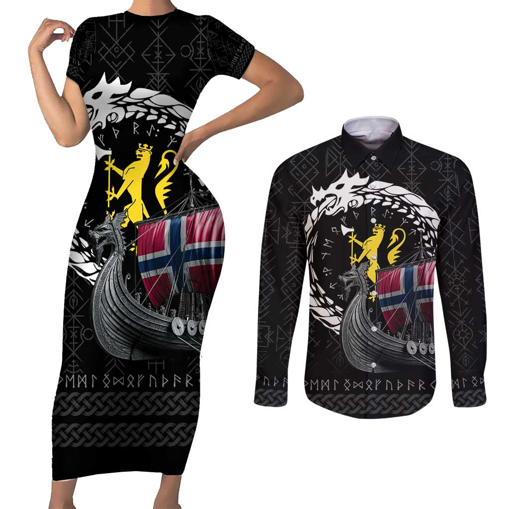 Norway Viking Drakkar Couples Matching Short Sleeve Bodycon Dress and Long Sleeve Button Shirt Viking Blood - Wonder Print Shop