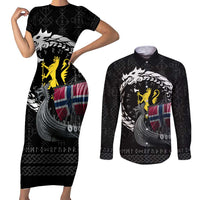 Norway Viking Drakkar Couples Matching Short Sleeve Bodycon Dress and Long Sleeve Button Shirt Viking Blood - Wonder Print Shop