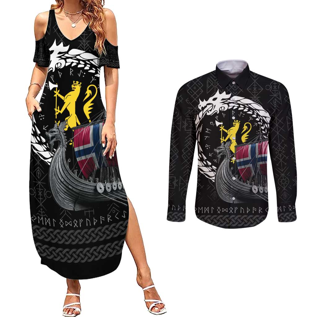 Norway Viking Drakkar Couples Matching Summer Maxi Dress and Long Sleeve Button Shirt Viking Blood - Wonder Print Shop