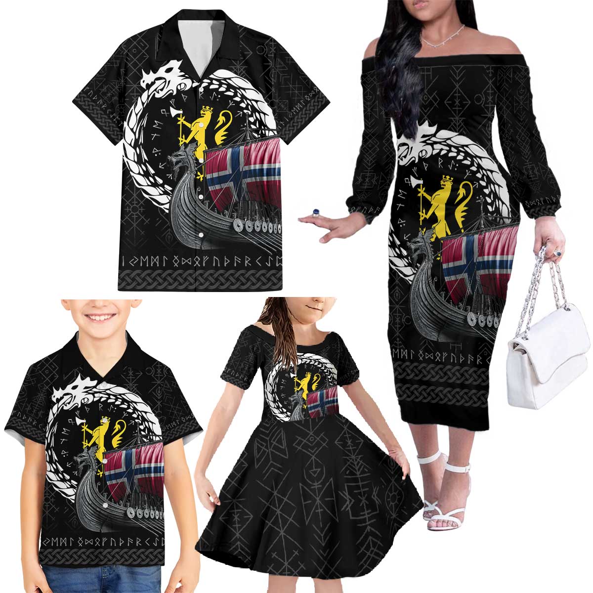 Norway Viking Drakkar Family Matching Off The Shoulder Long Sleeve Dress and Hawaiian Shirt Viking Blood - Wonder Print Shop