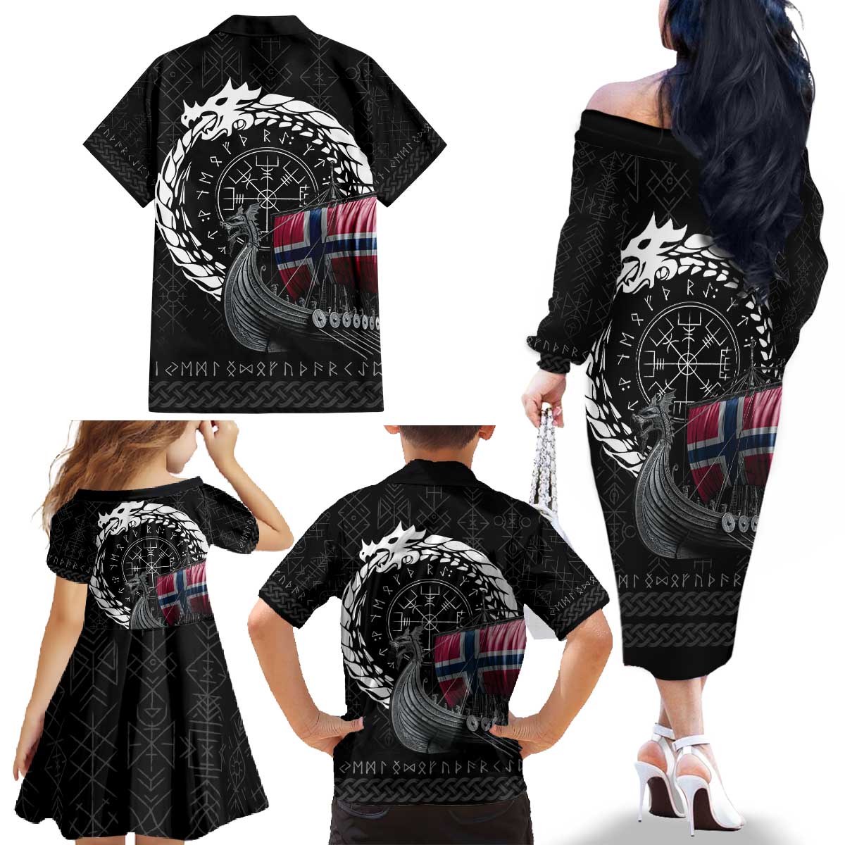 Norway Viking Drakkar Family Matching Off The Shoulder Long Sleeve Dress and Hawaiian Shirt Viking Blood - Wonder Print Shop