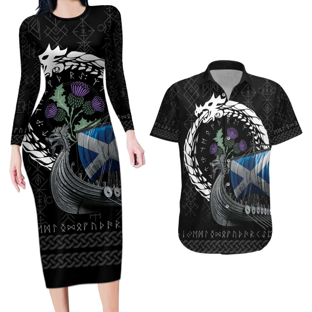 Scotland Viking Drakkar Couples Matching Long Sleeve Bodycon Dress and Hawaiian Shirt Viking Blood - Wonder Print Shop