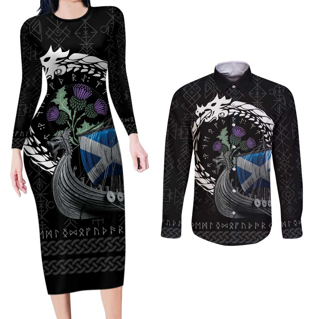 Scotland Viking Drakkar Couples Matching Long Sleeve Bodycon Dress and Long Sleeve Button Shirt Viking Blood - Wonder Print Shop