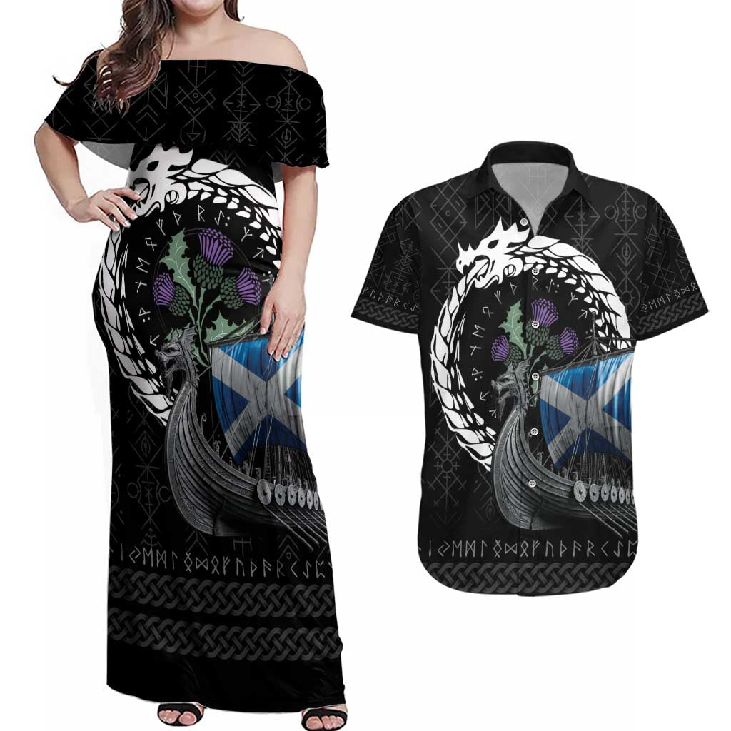 Scotland Viking Drakkar Couples Matching Off Shoulder Maxi Dress and Hawaiian Shirt Viking Blood - Wonder Print Shop