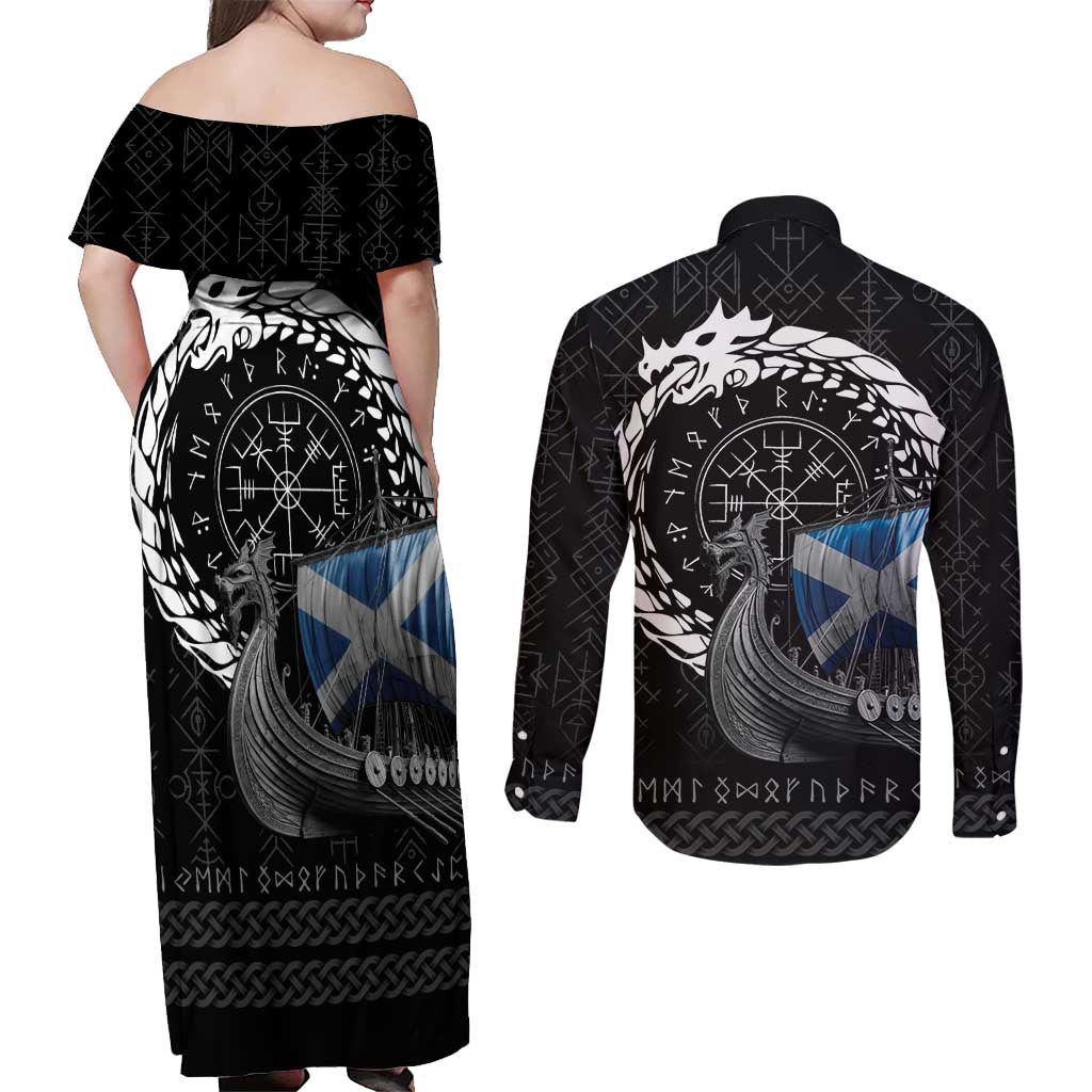 Scotland Viking Drakkar Couples Matching Off Shoulder Maxi Dress and Long Sleeve Button Shirt Viking Blood - Wonder Print Shop