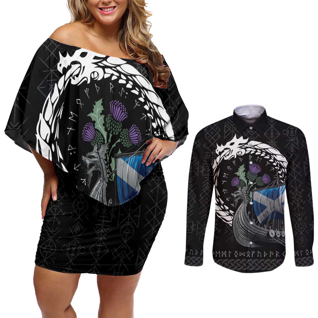 Scotland Viking Drakkar Couples Matching Off Shoulder Short Dress and Long Sleeve Button Shirt Viking Blood - Wonder Print Shop