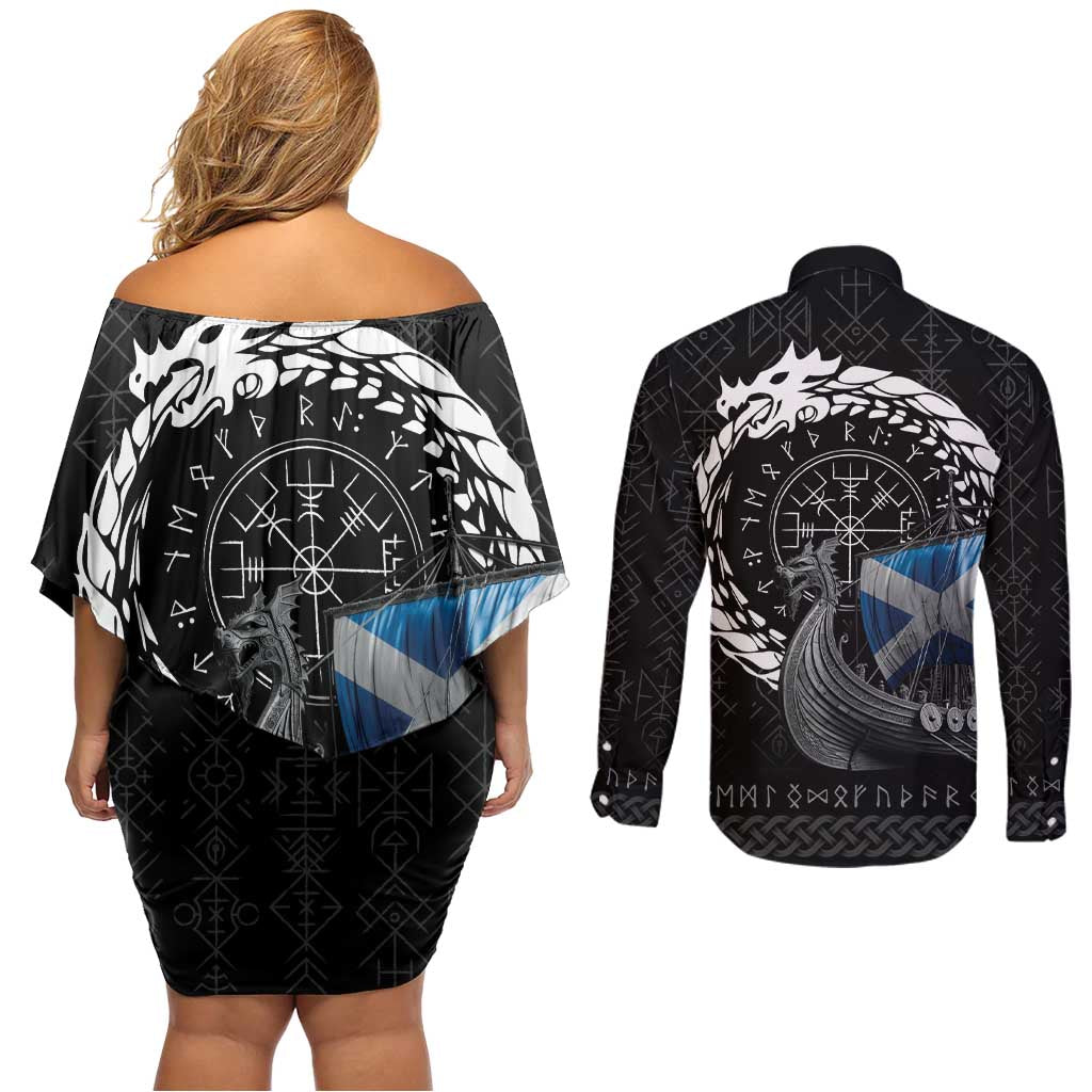 Scotland Viking Drakkar Couples Matching Off Shoulder Short Dress and Long Sleeve Button Shirt Viking Blood - Wonder Print Shop