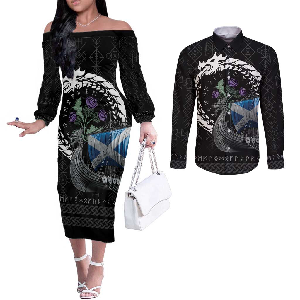 Scotland Viking Drakkar Couples Matching Off The Shoulder Long Sleeve Dress and Long Sleeve Button Shirt Viking Blood - Wonder Print Shop