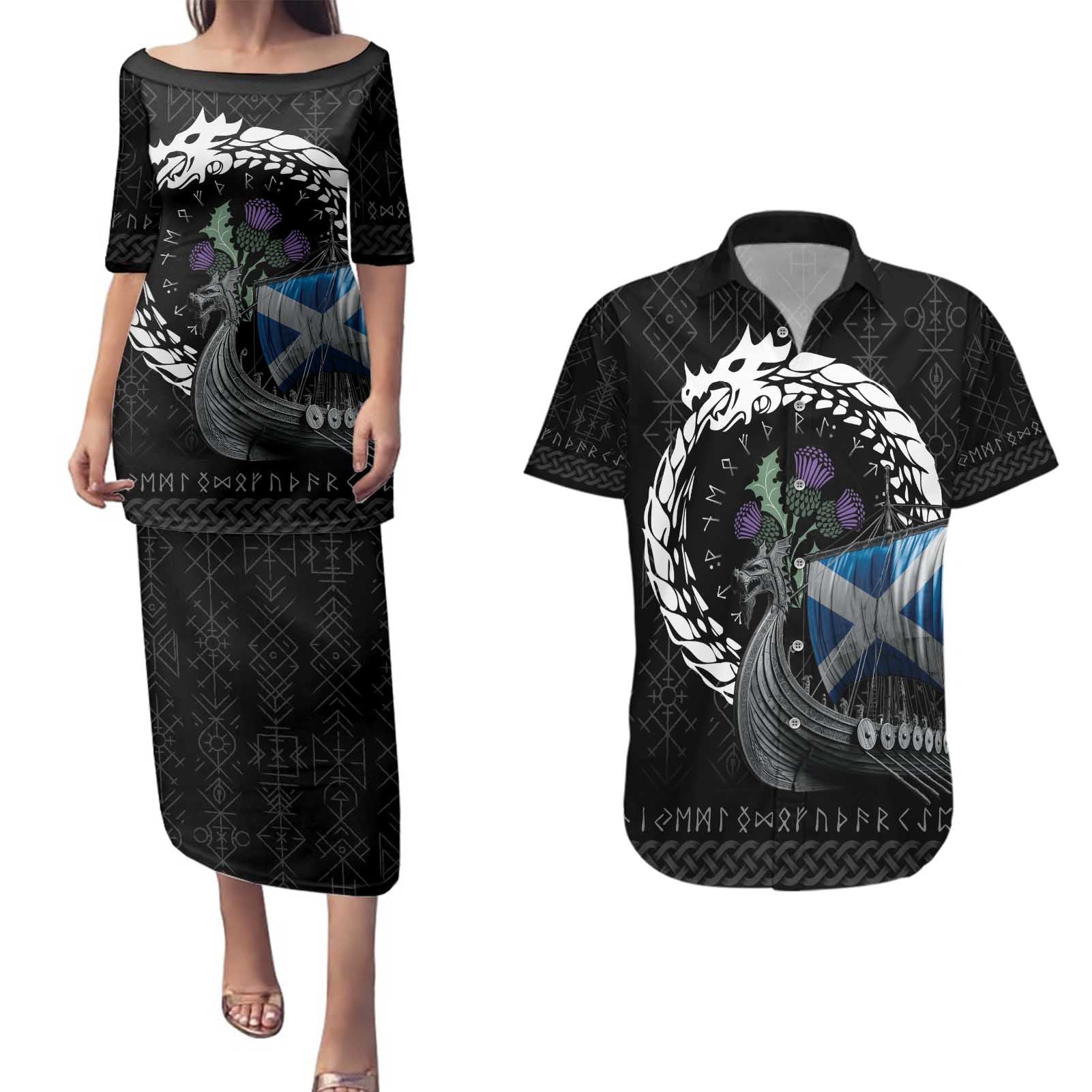 Scotland Viking Drakkar Couples Matching Puletasi and Hawaiian Shirt Viking Blood - Wonder Print Shop