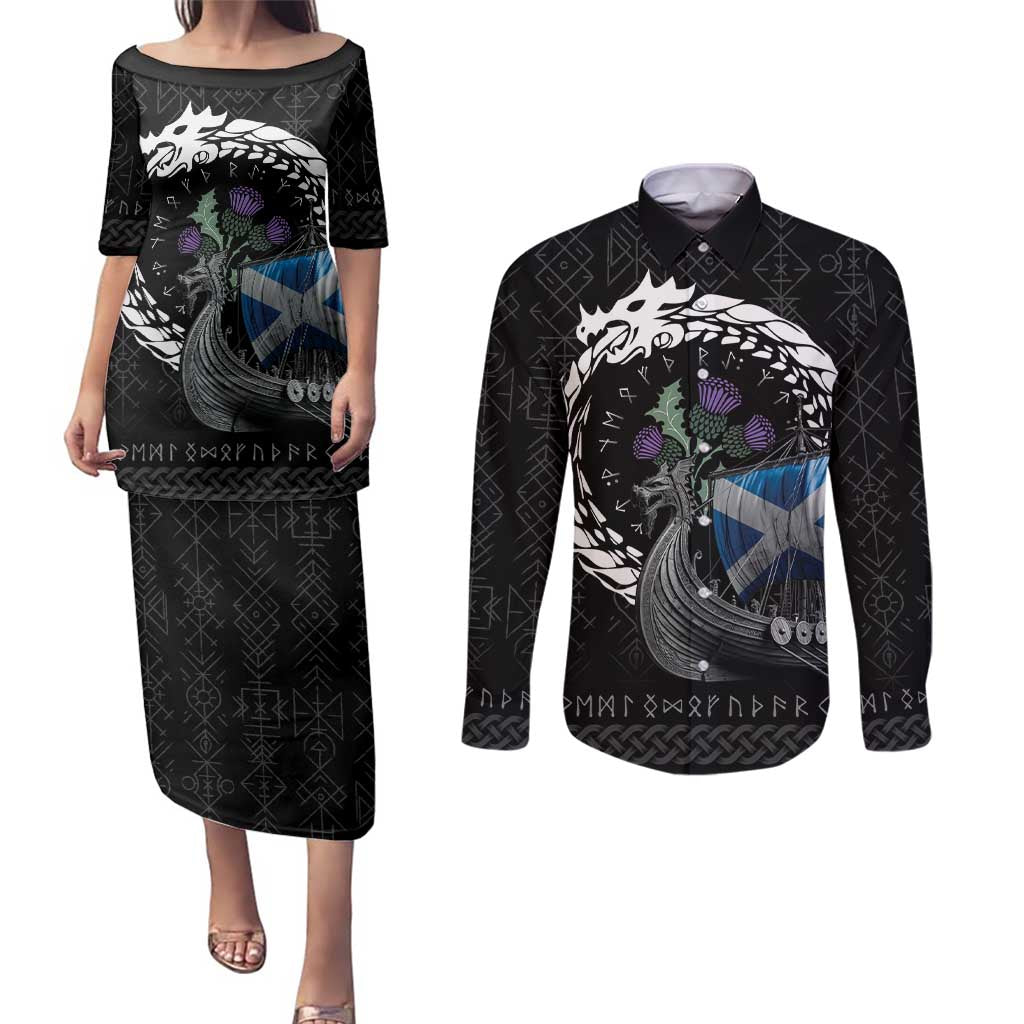 Scotland Viking Drakkar Couples Matching Puletasi and Long Sleeve Button Shirt Viking Blood - Wonder Print Shop