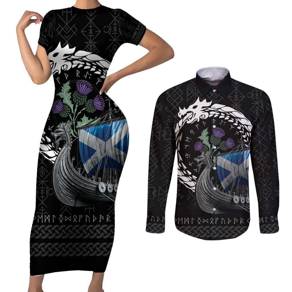 Scotland Viking Drakkar Couples Matching Short Sleeve Bodycon Dress and Long Sleeve Button Shirt Viking Blood - Wonder Print Shop