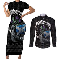 Scotland Viking Drakkar Couples Matching Short Sleeve Bodycon Dress and Long Sleeve Button Shirt Viking Blood - Wonder Print Shop