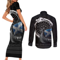Scotland Viking Drakkar Couples Matching Short Sleeve Bodycon Dress and Long Sleeve Button Shirt Viking Blood - Wonder Print Shop