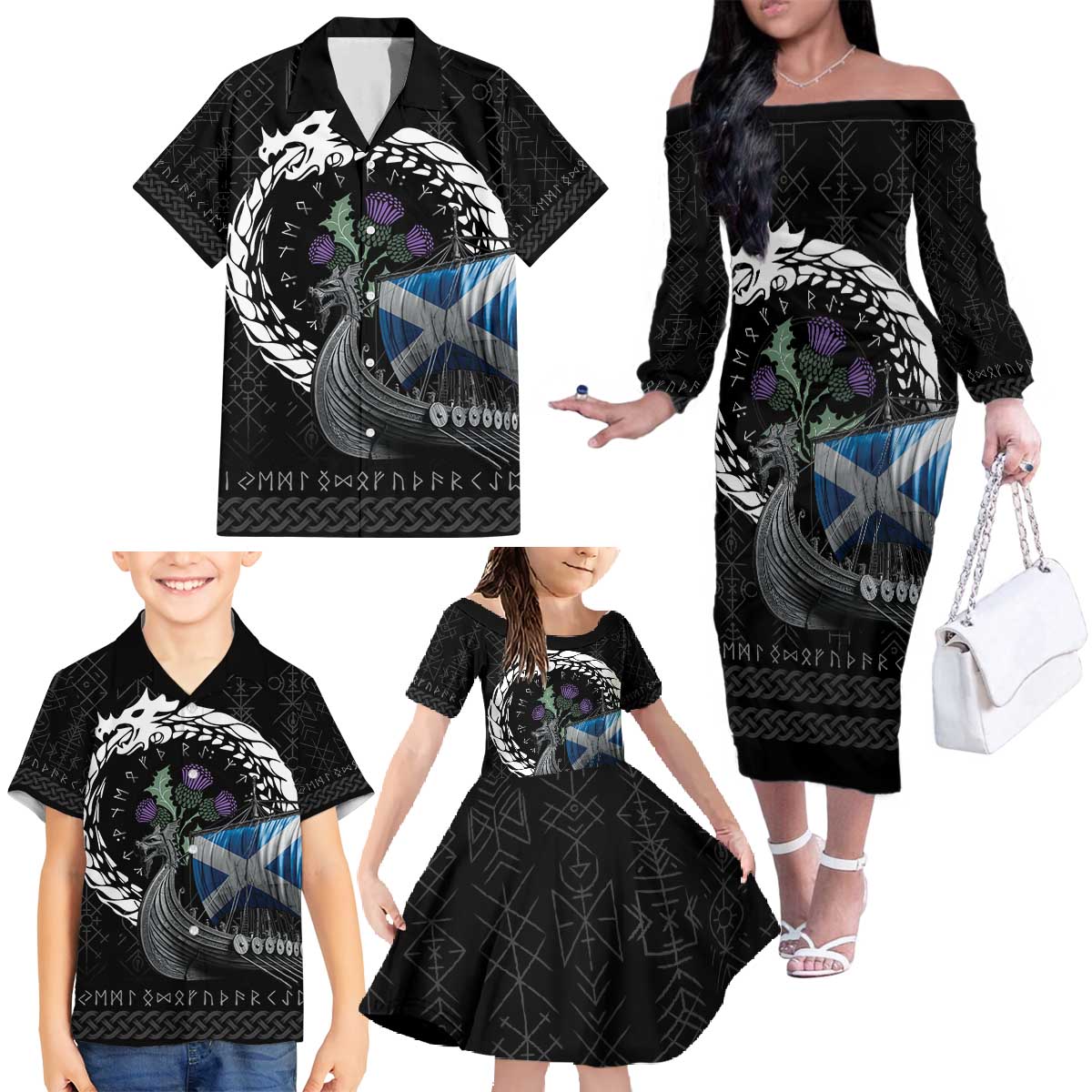 Scotland Viking Drakkar Family Matching Off The Shoulder Long Sleeve Dress and Hawaiian Shirt Viking Blood - Wonder Print Shop