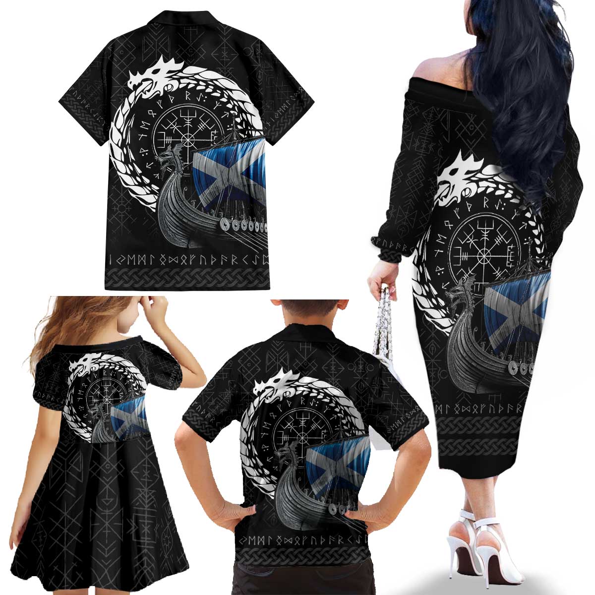 Scotland Viking Drakkar Family Matching Off The Shoulder Long Sleeve Dress and Hawaiian Shirt Viking Blood - Wonder Print Shop