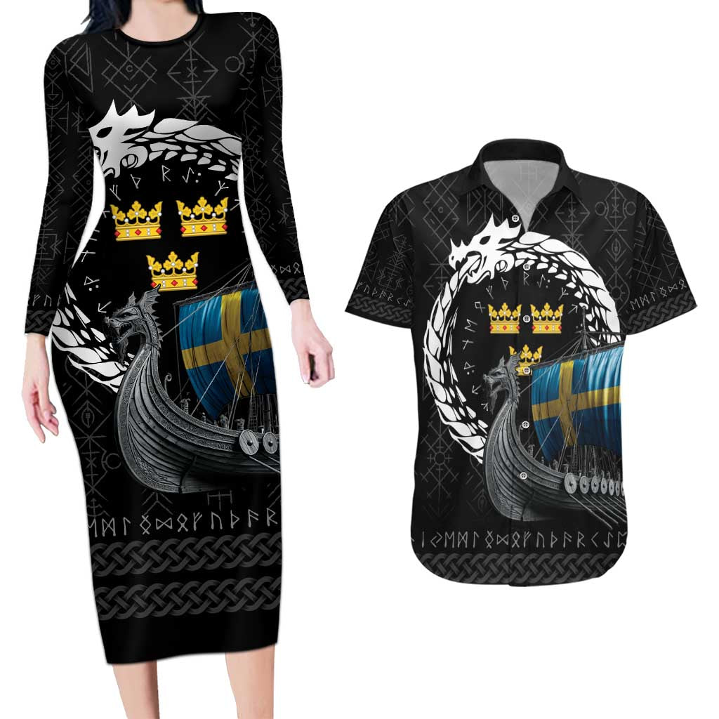 Sweden Viking Drakkar Couples Matching Long Sleeve Bodycon Dress and Hawaiian Shirt Viking Blood - Wonder Print Shop