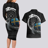 Sweden Viking Drakkar Couples Matching Long Sleeve Bodycon Dress and Hawaiian Shirt Viking Blood - Wonder Print Shop