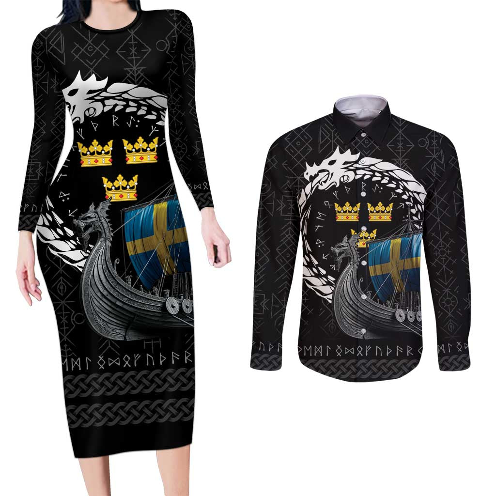 Sweden Viking Drakkar Couples Matching Long Sleeve Bodycon Dress and Long Sleeve Button Shirt Viking Blood - Wonder Print Shop
