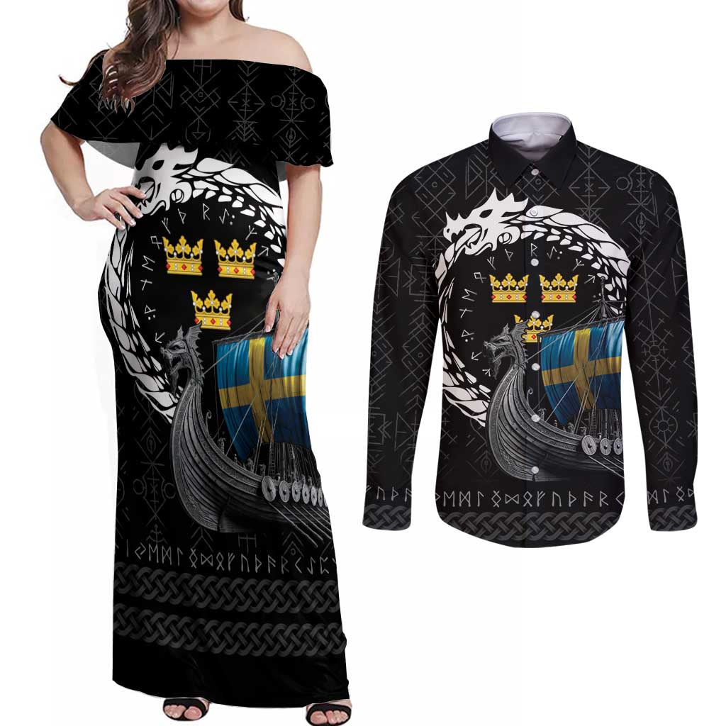 Sweden Viking Drakkar Couples Matching Off Shoulder Maxi Dress and Long Sleeve Button Shirt Viking Blood - Wonder Print Shop