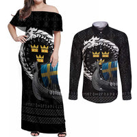 Sweden Viking Drakkar Couples Matching Off Shoulder Maxi Dress and Long Sleeve Button Shirt Viking Blood - Wonder Print Shop
