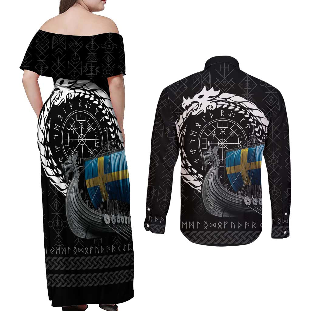 Sweden Viking Drakkar Couples Matching Off Shoulder Maxi Dress and Long Sleeve Button Shirt Viking Blood - Wonder Print Shop