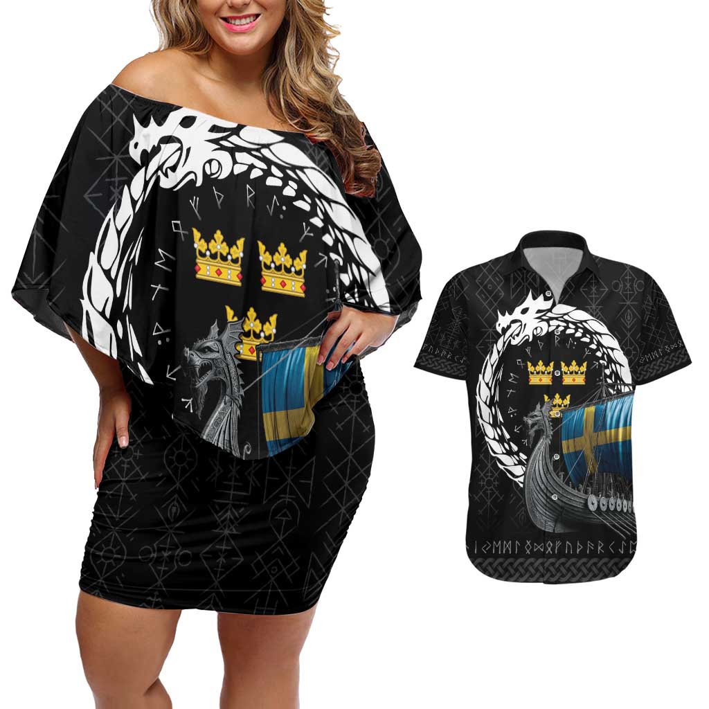 Sweden Viking Drakkar Couples Matching Off Shoulder Short Dress and Hawaiian Shirt Viking Blood - Wonder Print Shop