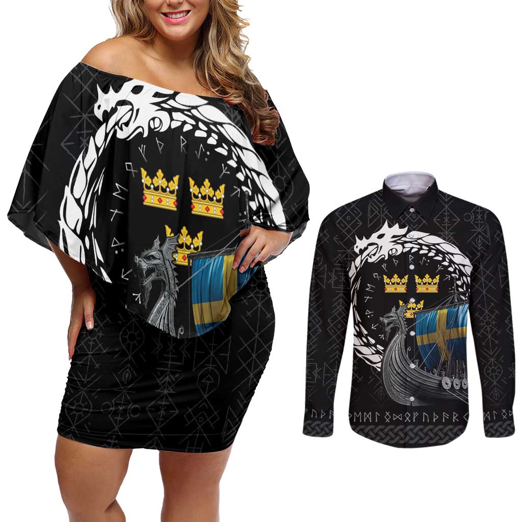 Sweden Viking Drakkar Couples Matching Off Shoulder Short Dress and Long Sleeve Button Shirt Viking Blood - Wonder Print Shop