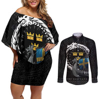 Sweden Viking Drakkar Couples Matching Off Shoulder Short Dress and Long Sleeve Button Shirt Viking Blood - Wonder Print Shop