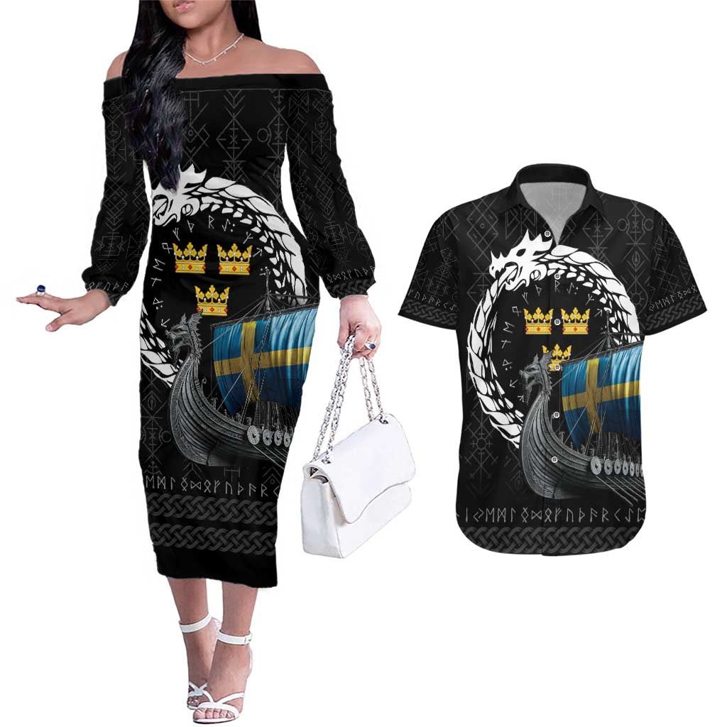 Sweden Viking Drakkar Couples Matching Off The Shoulder Long Sleeve Dress and Hawaiian Shirt Viking Blood - Wonder Print Shop