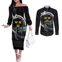 Sweden Viking Drakkar Couples Matching Off The Shoulder Long Sleeve Dress and Long Sleeve Button Shirt Viking Blood - Wonder Print Shop