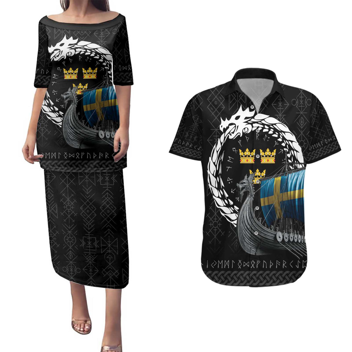 Sweden Viking Drakkar Couples Matching Puletasi and Hawaiian Shirt Viking Blood - Wonder Print Shop