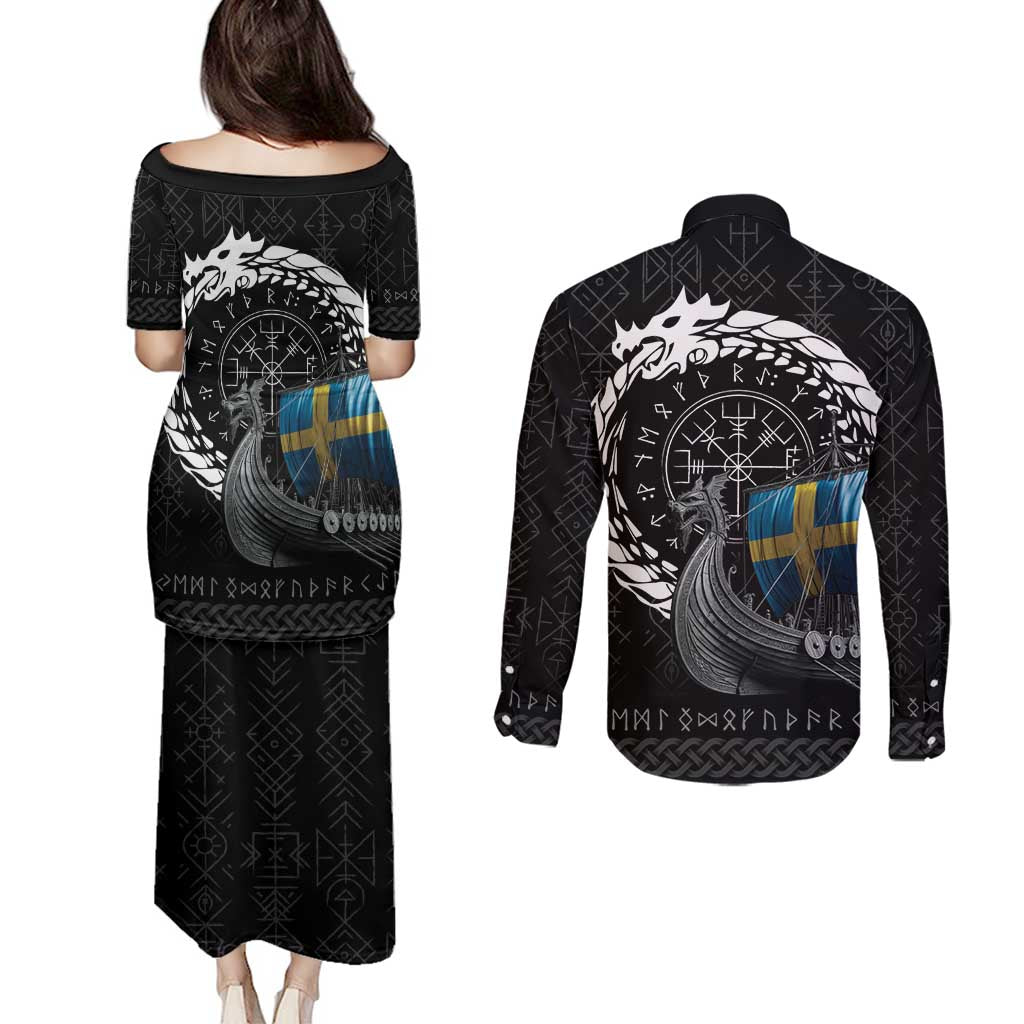 Sweden Viking Drakkar Couples Matching Puletasi and Long Sleeve Button Shirt Viking Blood - Wonder Print Shop