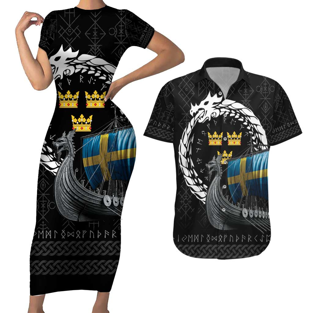 Sweden Viking Drakkar Couples Matching Short Sleeve Bodycon Dress and Hawaiian Shirt Viking Blood - Wonder Print Shop
