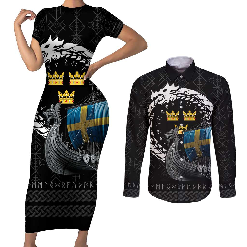 Sweden Viking Drakkar Couples Matching Short Sleeve Bodycon Dress and Long Sleeve Button Shirt Viking Blood - Wonder Print Shop
