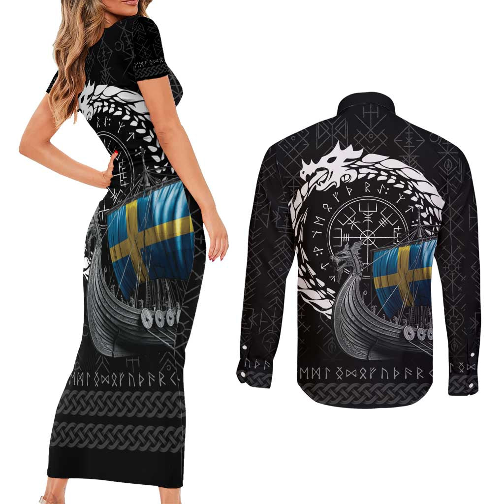 Sweden Viking Drakkar Couples Matching Short Sleeve Bodycon Dress and Long Sleeve Button Shirt Viking Blood - Wonder Print Shop