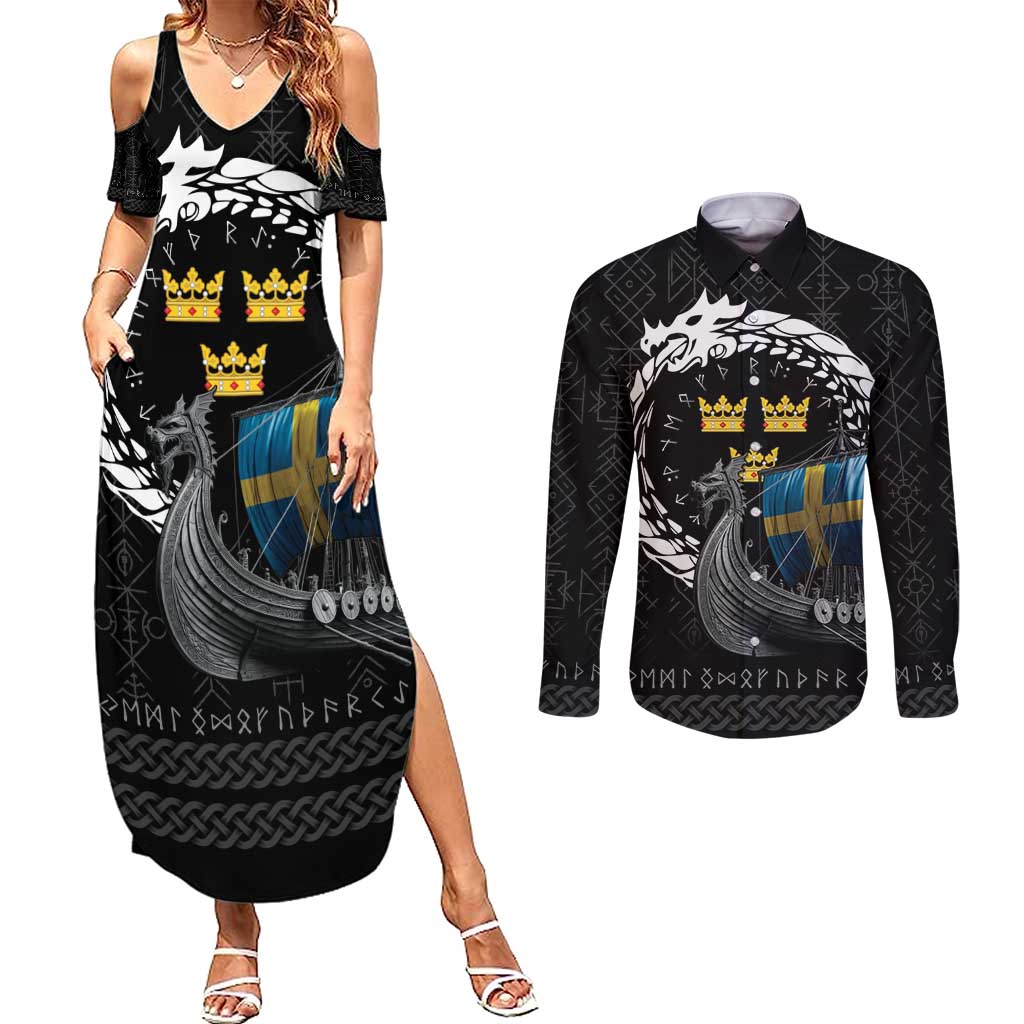 Sweden Viking Drakkar Couples Matching Summer Maxi Dress and Long Sleeve Button Shirt Viking Blood - Wonder Print Shop