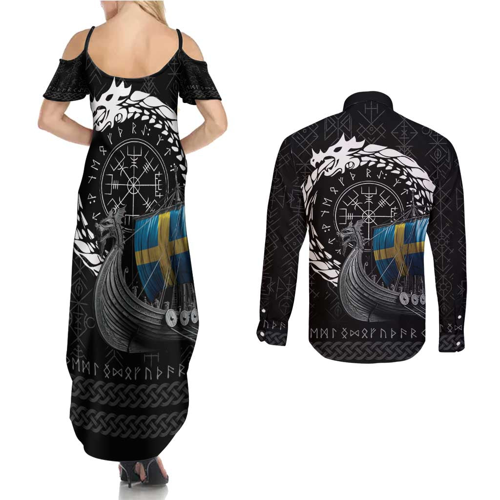 Sweden Viking Drakkar Couples Matching Summer Maxi Dress and Long Sleeve Button Shirt Viking Blood - Wonder Print Shop