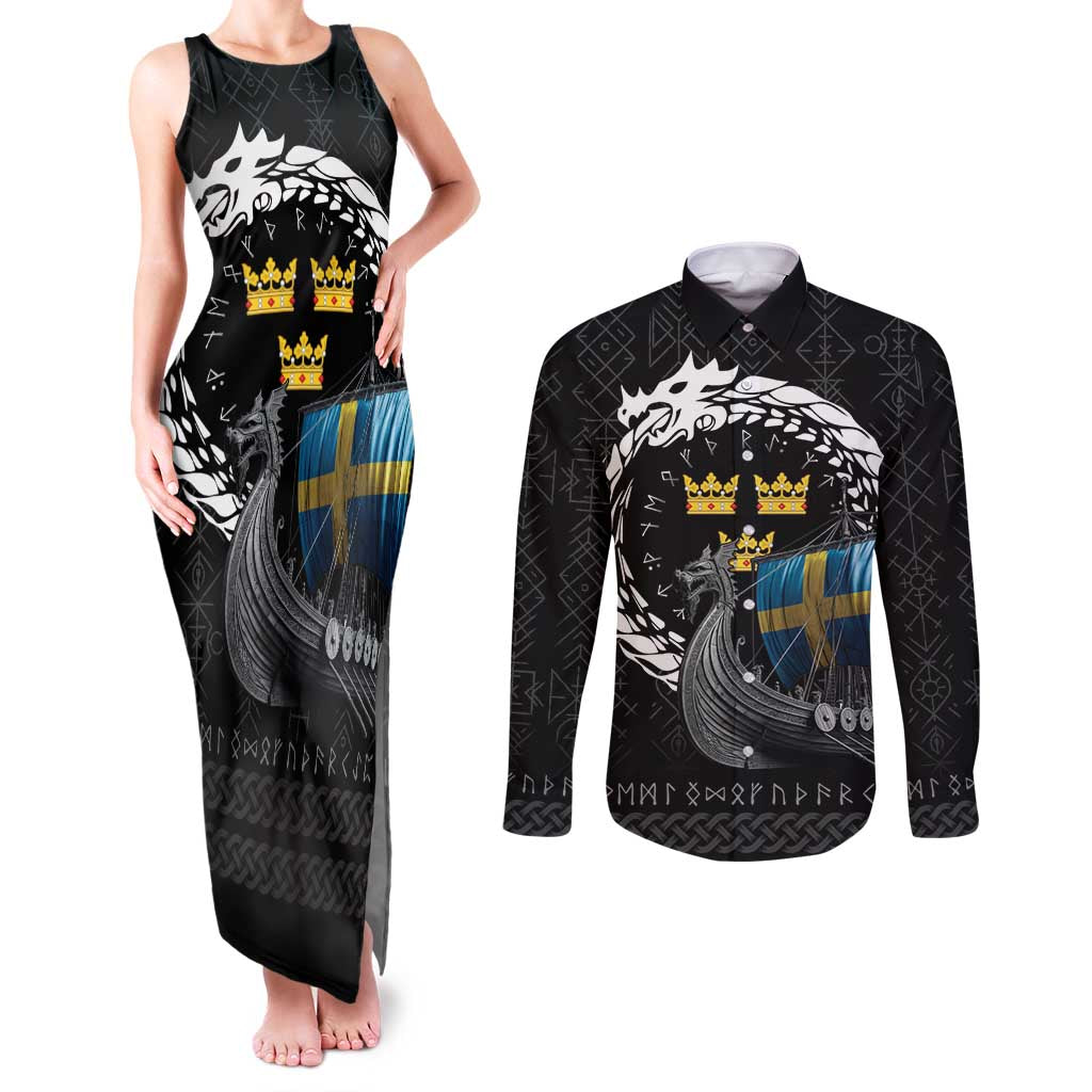 Sweden Viking Drakkar Couples Matching Tank Maxi Dress and Long Sleeve Button Shirt Viking Blood - Wonder Print Shop