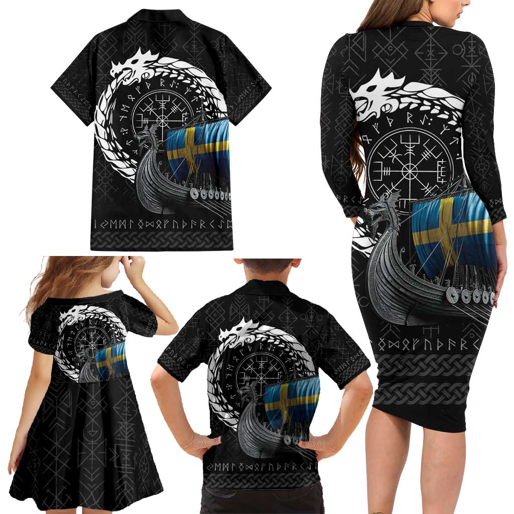 Sweden Viking Drakkar Family Matching Long Sleeve Bodycon Dress and Hawaiian Shirt Viking Blood - Wonder Print Shop