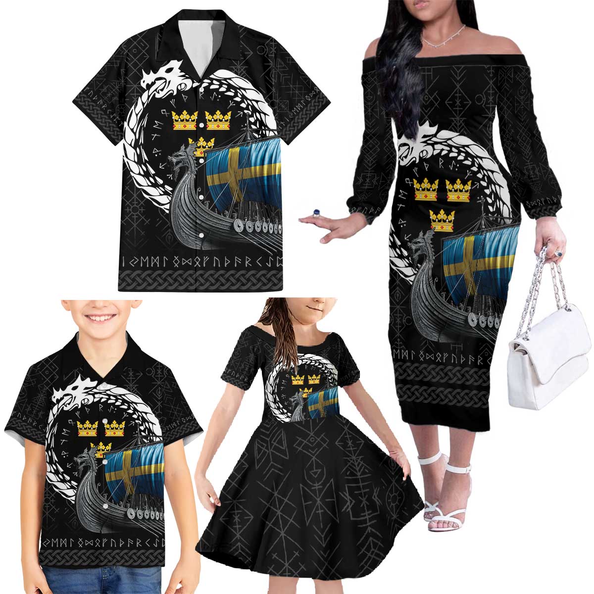 Sweden Viking Drakkar Family Matching Off The Shoulder Long Sleeve Dress and Hawaiian Shirt Viking Blood - Wonder Print Shop