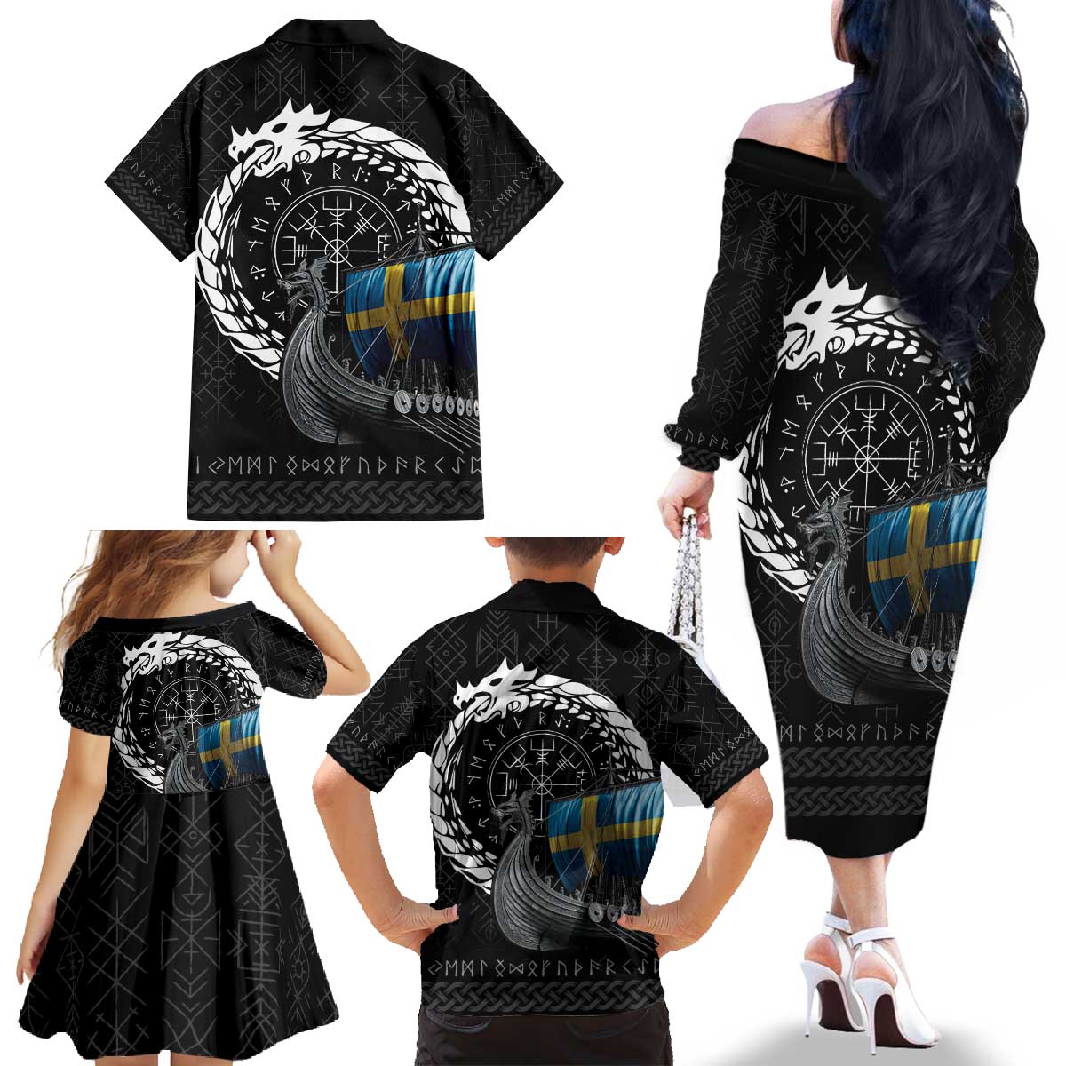 Sweden Viking Drakkar Family Matching Off The Shoulder Long Sleeve Dress and Hawaiian Shirt Viking Blood - Wonder Print Shop