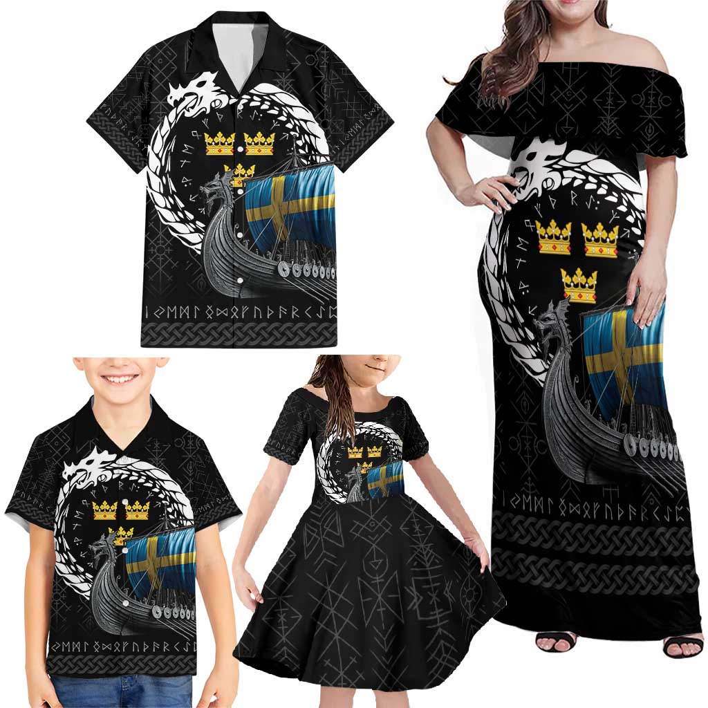Sweden Viking Drakkar Family Matching Off Shoulder Maxi Dress and Hawaiian Shirt Viking Blood - Wonder Print Shop