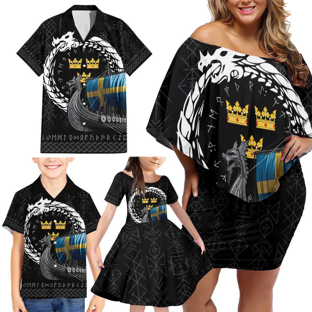 Sweden Viking Drakkar Family Matching Off Shoulder Short Dress and Hawaiian Shirt Viking Blood - Wonder Print Shop