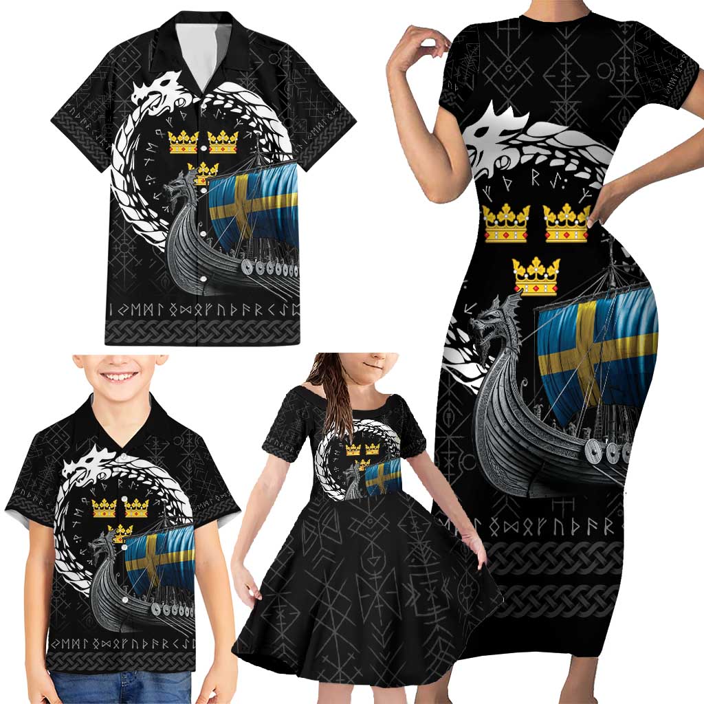 Sweden Viking Drakkar Family Matching Short Sleeve Bodycon Dress and Hawaiian Shirt Viking Blood - Wonder Print Shop