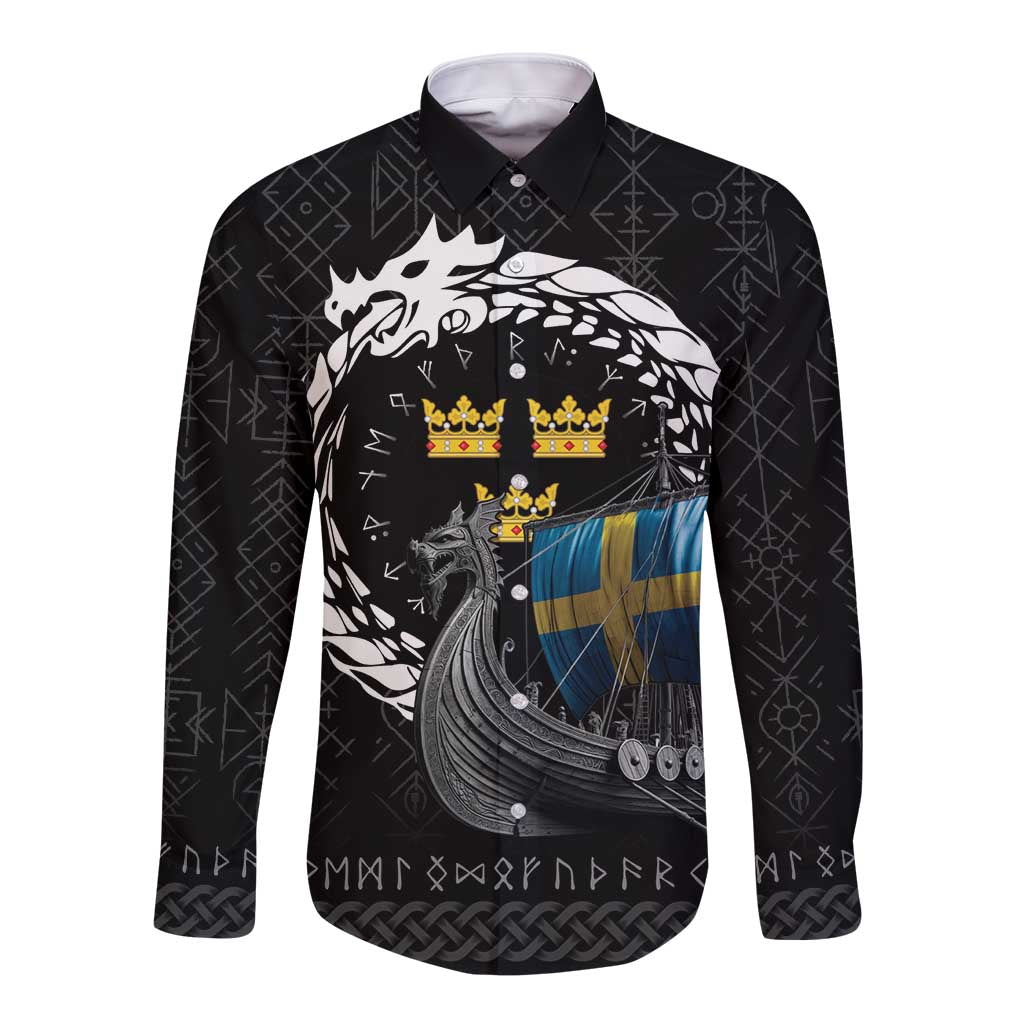 Sweden Viking Drakkar Long Sleeve Button Shirt Viking Blood - Wonder Print Shop
