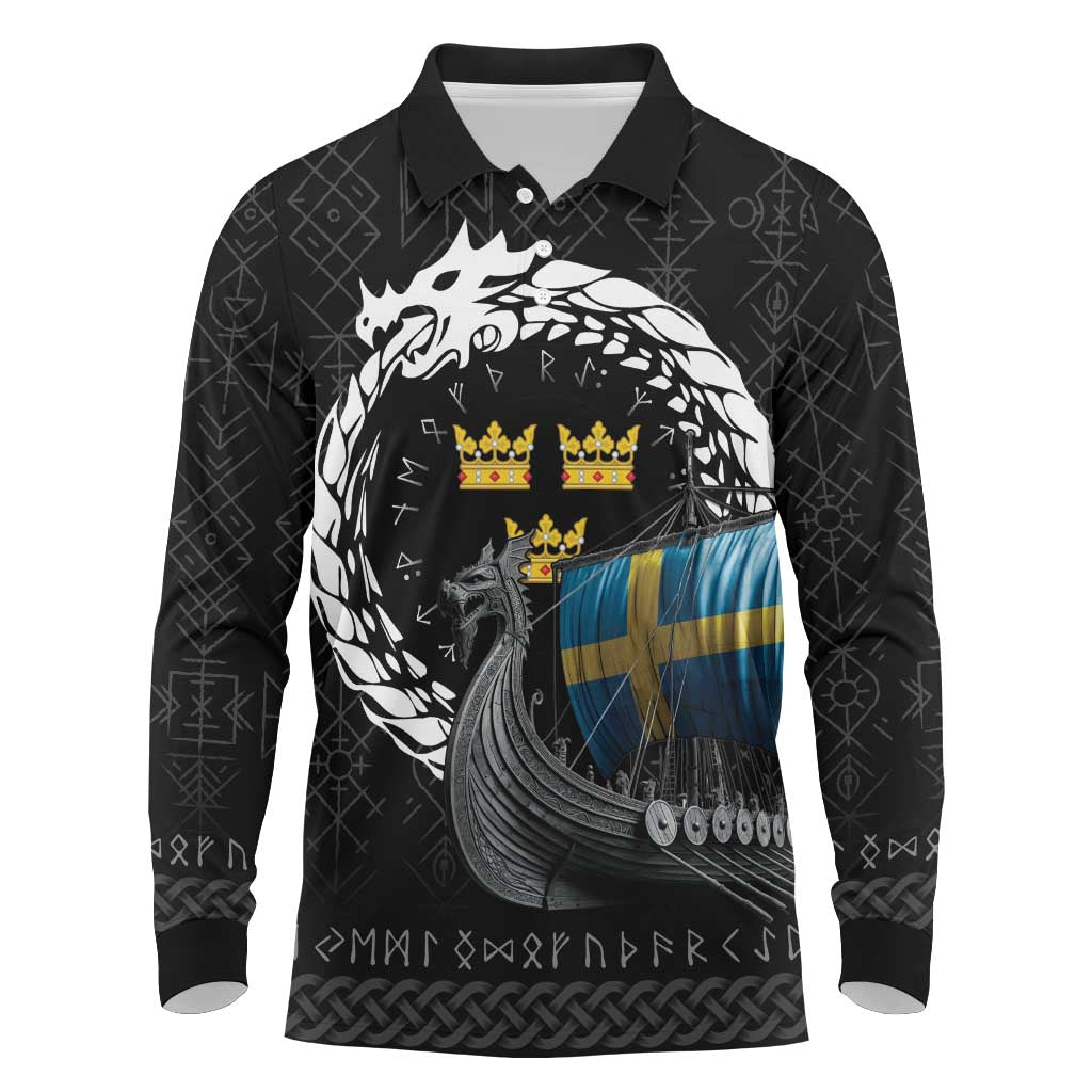 Sweden Viking Drakkar Long Sleeve Polo Shirt Viking Blood - Wonder Print Shop