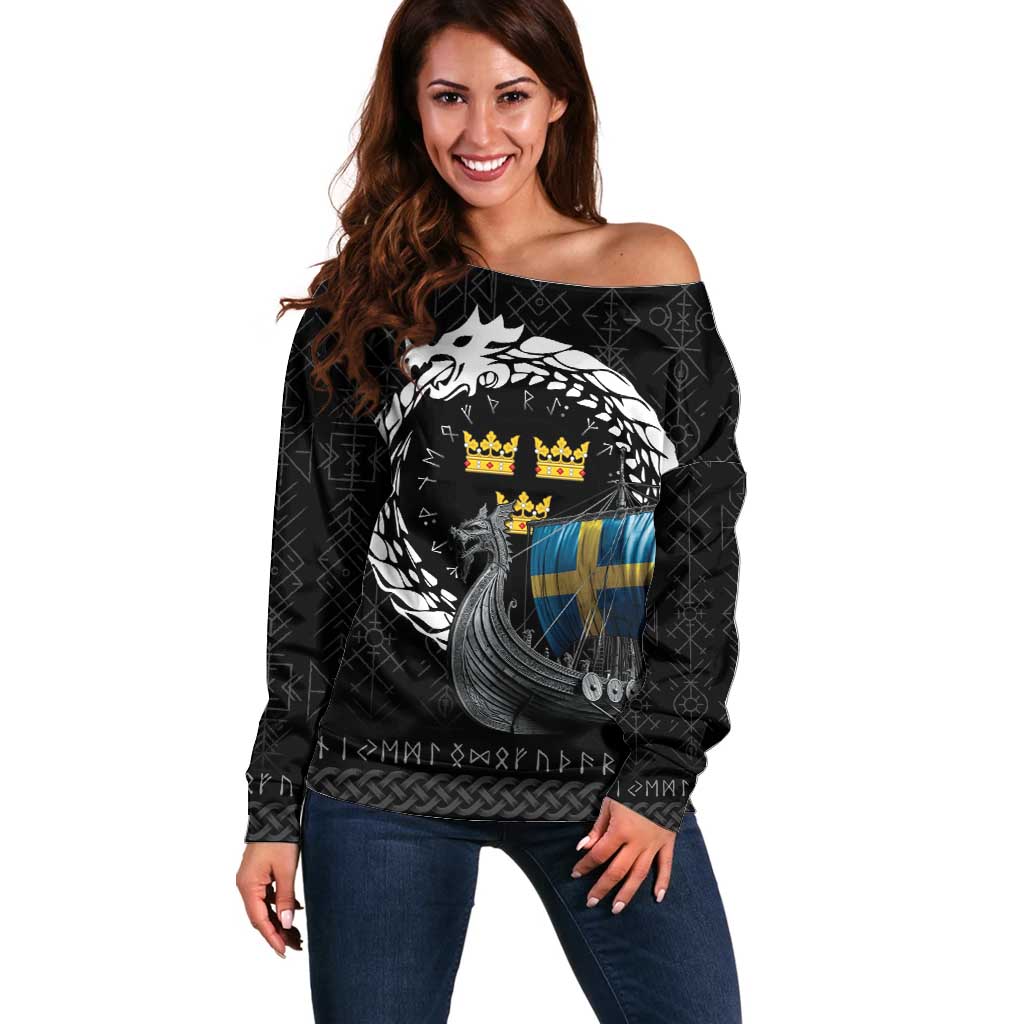 Sweden Viking Drakkar Off Shoulder Sweater Viking Blood - Wonder Print Shop