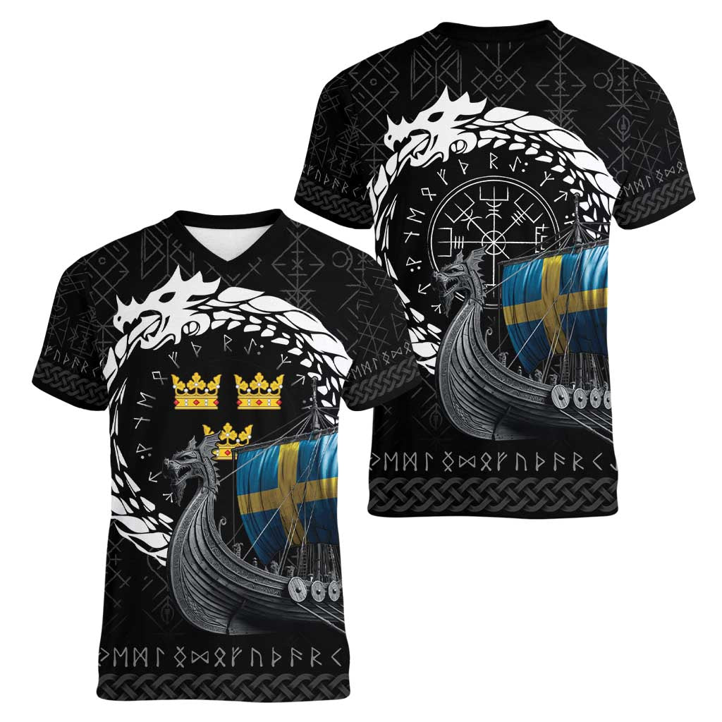Sweden Viking Drakkar Women V-Neck T-Shirt Viking Blood - Wonder Print Shop