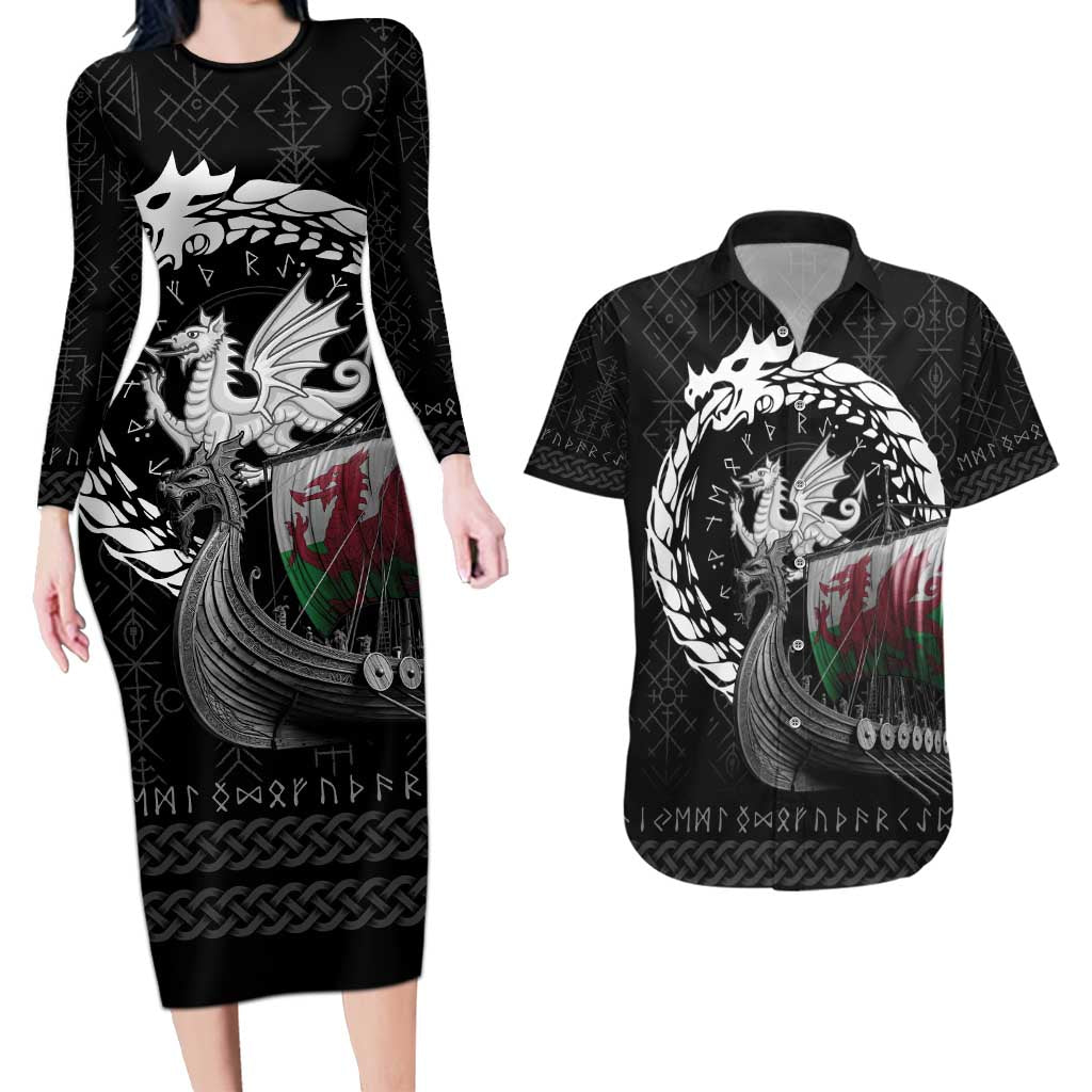 Wales Viking Drakkar Couples Matching Long Sleeve Bodycon Dress and Hawaiian Shirt Viking Blood - Wonder Print Shop